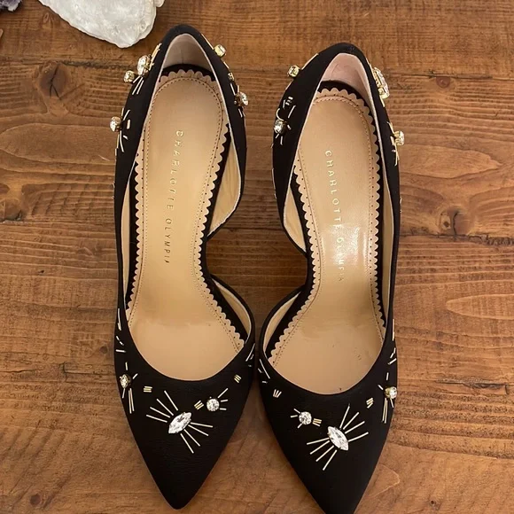 Charlotte Olympia Black Beaded/Diamond Pumps with gold.  Never worn. - Picture 2 of 7
